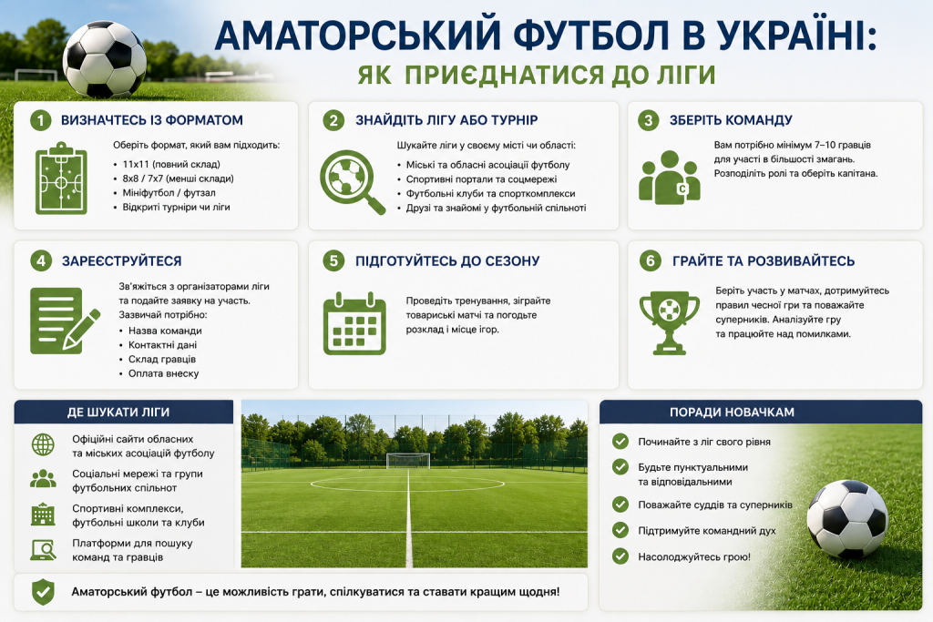 Інфографіка про те, як знайти аматорську футбольну лігу в Україні, зібрати команду та зареєструватися