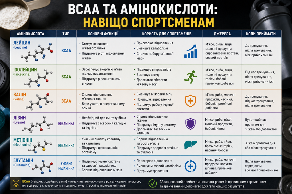 Таблиця амінокислот для спортсменів із лейцином, ізолейцином, валіном, лізином, метіоніном і глутаміном