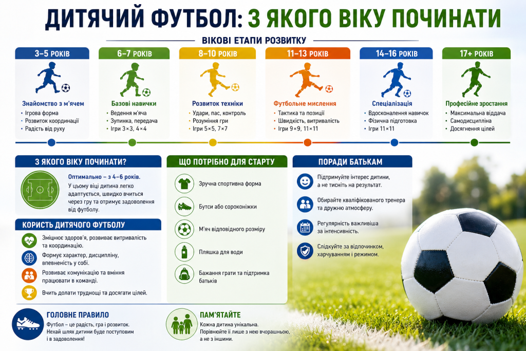 Інфографіка про вікові етапи дитячого футболу від 3–5 років до підліткового віку, користь занять і поради батькам