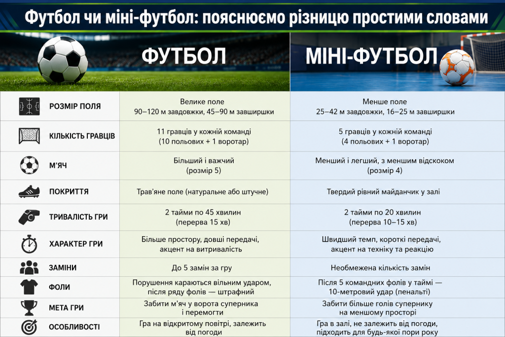 Таблиця порівняння футболу та міні-футболу за розміром поля, кількістю гравців, м’ячем і правилами
