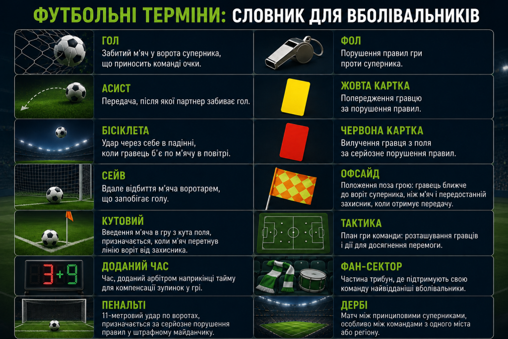 Інфографіка зі значеннями основних футбольних термінів: гол, асист, фол, офсайд, пенальті, сейв, кутовий і дербі