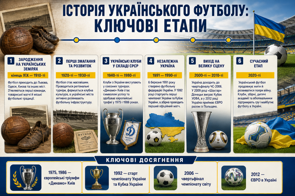 Інфографіка про розвиток футболу в Україні від кінця XIX століття до сучасності та головні досягнення українських команд