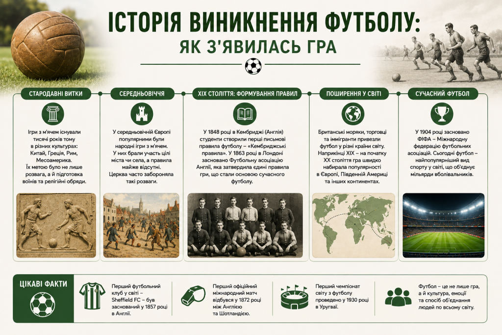 Інфографіка про історію футболу від стародавніх ігор з м’ячем до створення правил, ФІФА та сучасного футболу