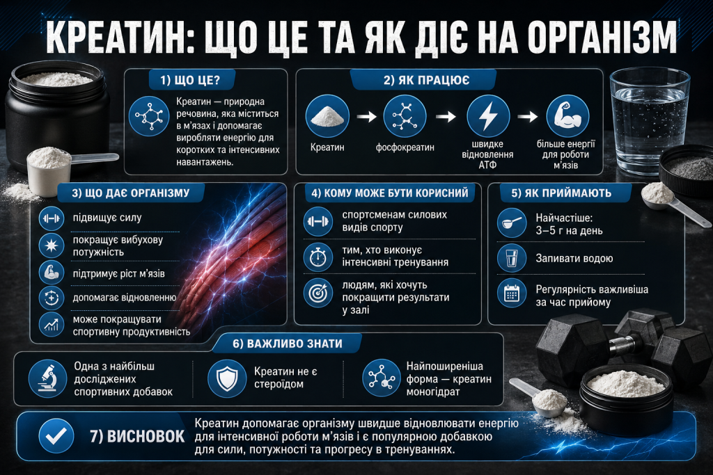 Інфографіка про дію креатину на організм, вироблення енергії, силу м’язів, відновлення та правила прийому