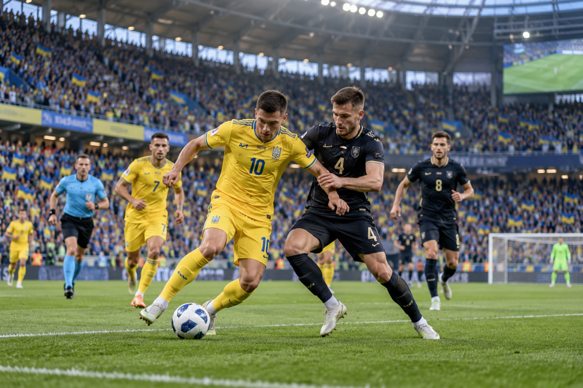 Футболісти змагаються за м’яч під час матчу на великому стадіоні перед уболівальниками з українськими прапорами.
