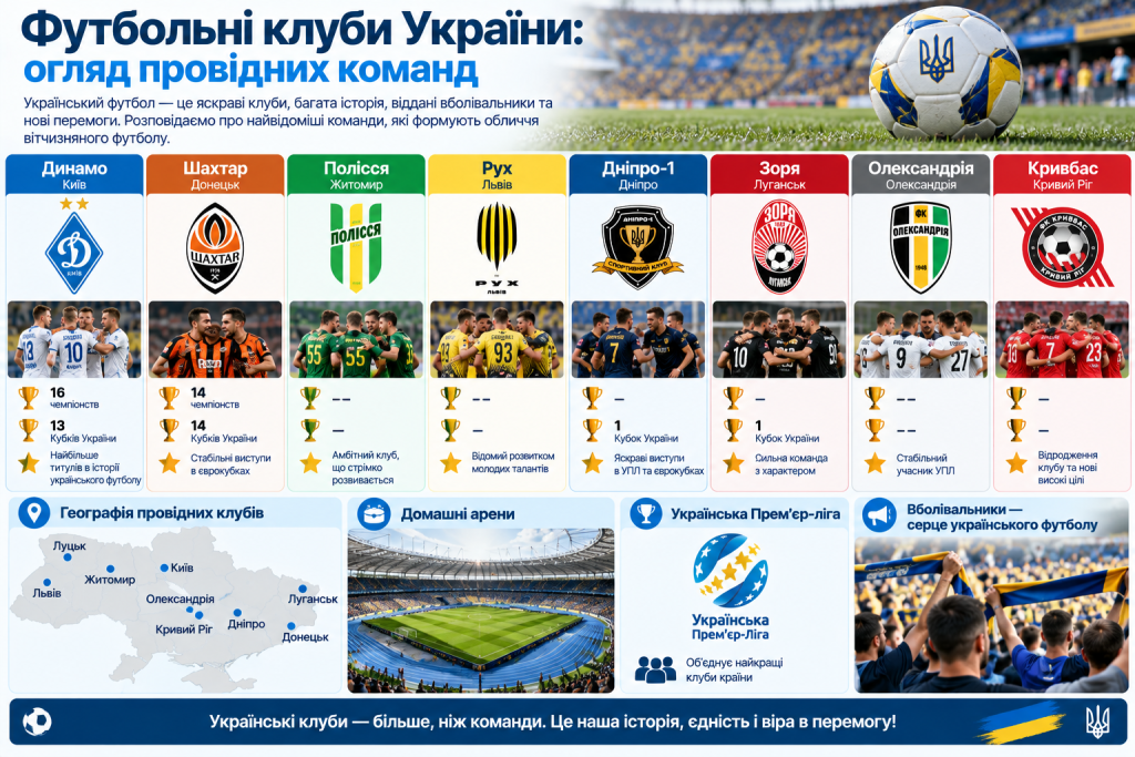 Інфографіка про відомі футбольні клуби України, їхні міста, досягнення, домашні арени та участь в українських турнірах.