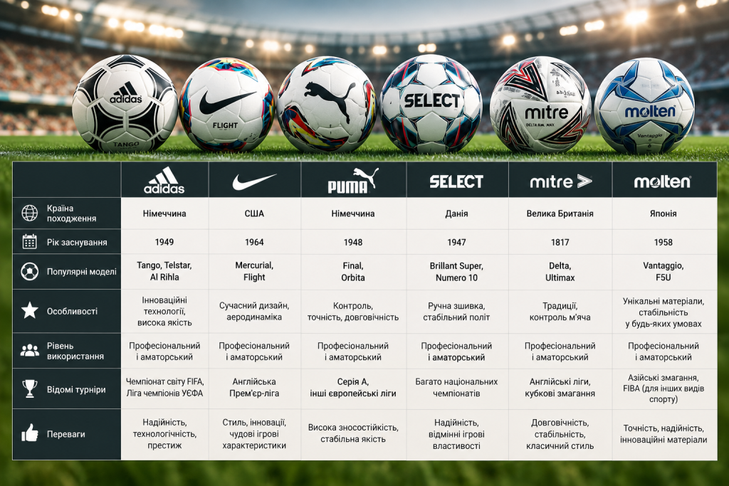 Інфографіка з порівнянням футбольних м’ячів Adidas, Nike, Puma, Select, Mitre та Molten за походженням, моделями, особливостями й перевагами.