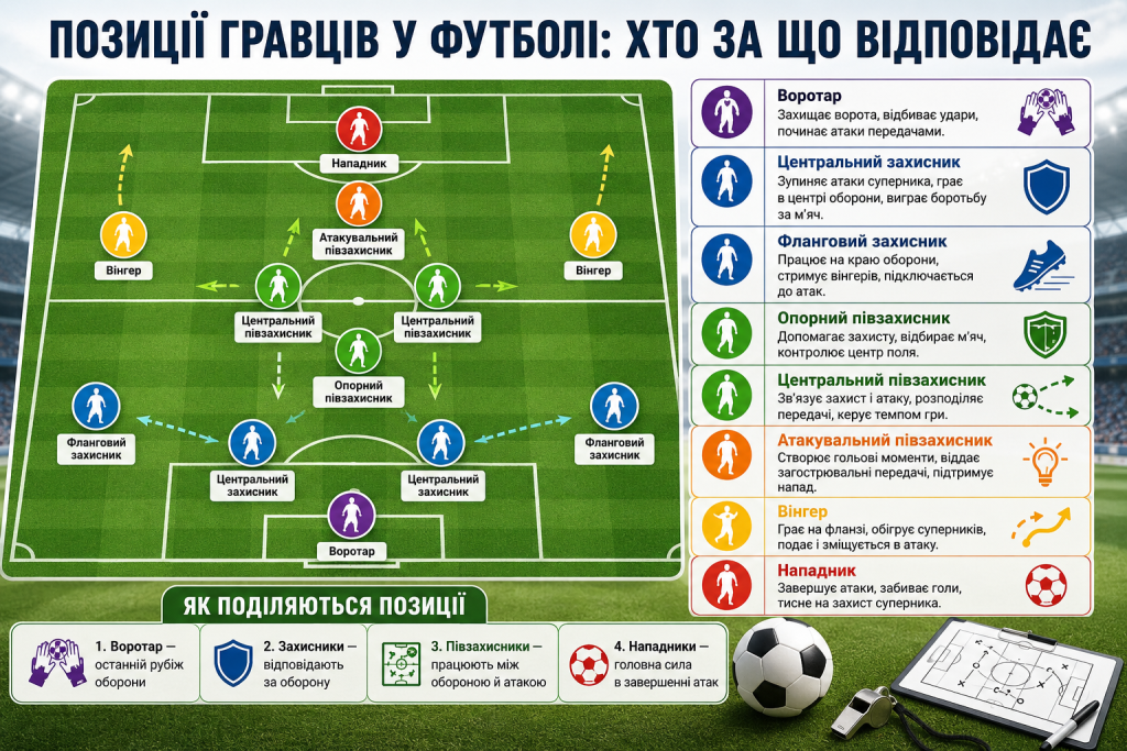 Схема позицій футболістів на полі з поясненням ролей воротаря, захисників, півзахисників, вінгерів і нападника