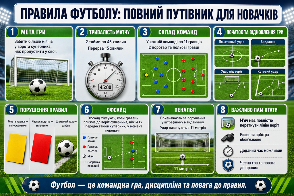 Інфографіка з основними правилами футболу: тривалість матчу, склад команди, офсайд, пенальті та порушення