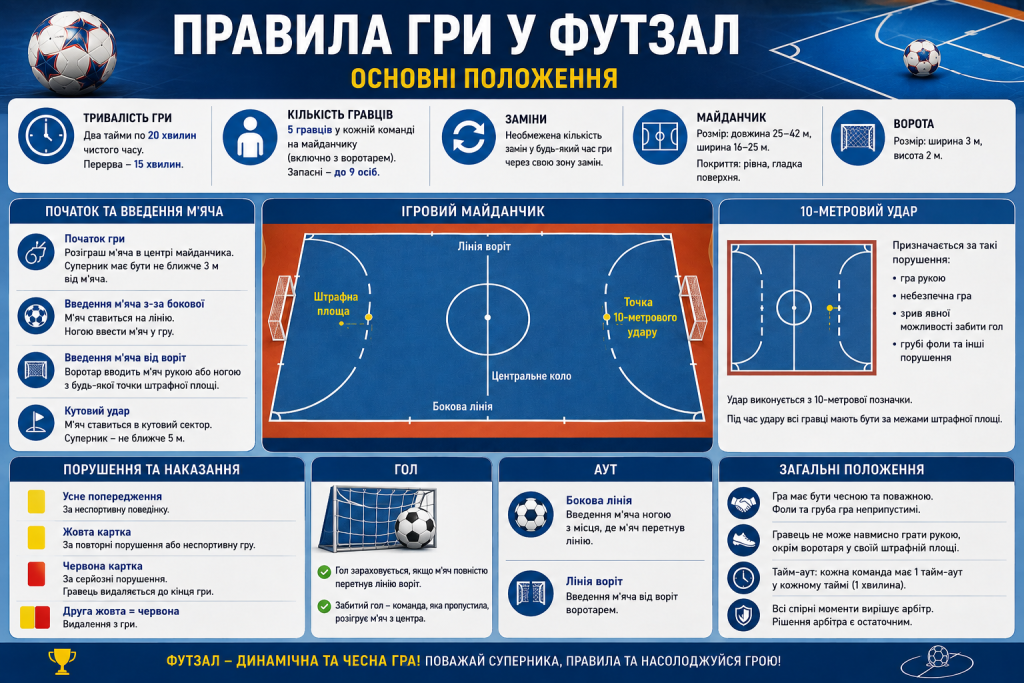 Інфографіка з правилами футзалу, розмірами майданчика, кількістю гравців, тривалістю матчу, порушеннями та 10-метровим ударом