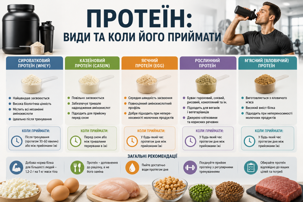 Інфографіка про сироватковий, казеїновий, яєчний, рослинний і м’ясний протеїн та час їх прийому