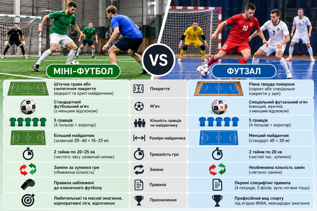 Порівняльна інфографіка про відмінності мініфутболу та футзалу: покриття і розміри майданчика, кількість гравців, тривалість матчів, заміни та правила гри.