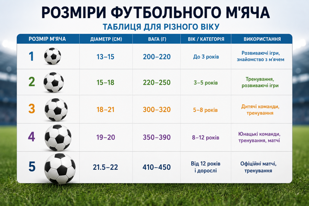 Таблиця розмірів футбольних м’ячів від 1 до 5 із діаметром, вагою, віком гравців та призначенням