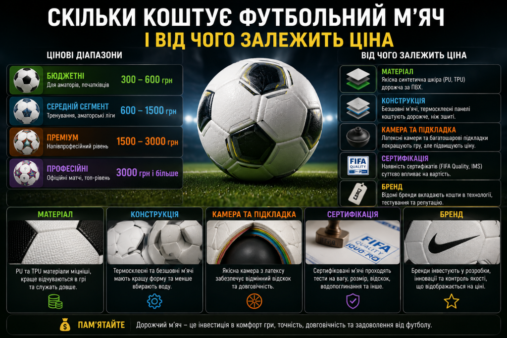 Інфографіка з цінами на футбольні м’ячі різних класів та факторами вартості: матеріал, конструкція, камера, сертифікація і бренд
