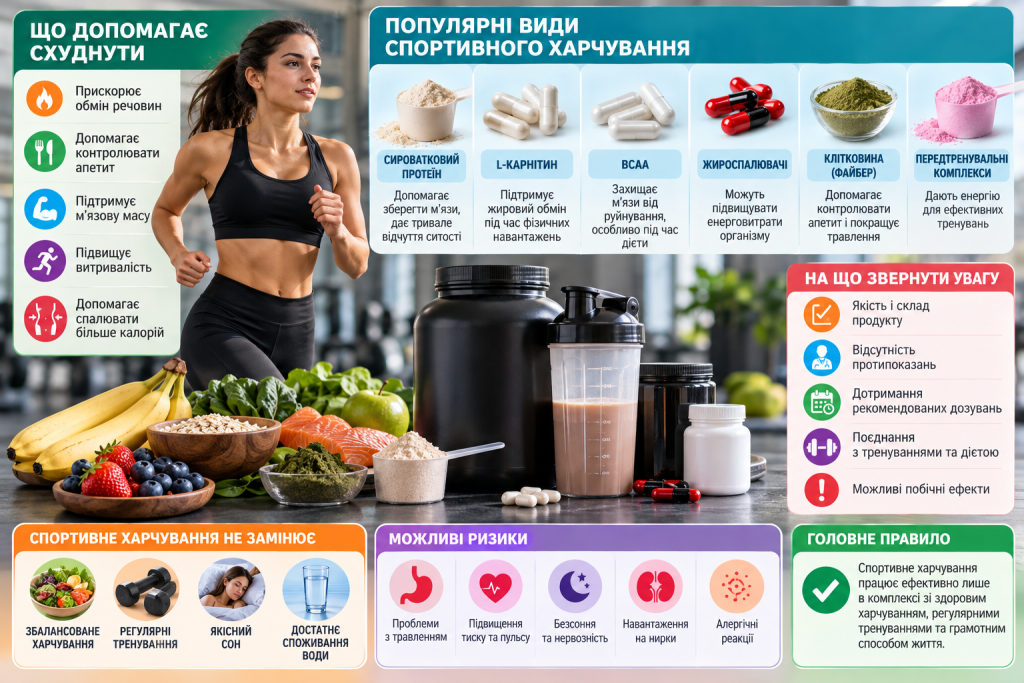 Інфографіка про спортивне харчування для схуднення: протеїн, L-карнітин, BCAA, клітковина, передтренувальні комплекси та можливі побічні ефекти.
