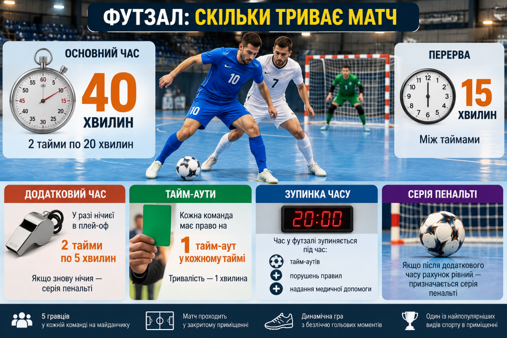 Інфографіка про тривалість матчу у футзалі, два тайми по 20 хвилин, перерву, тайм-аути, додатковий час і серію пенальті