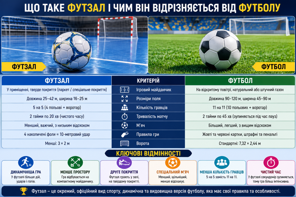 Порівняльна інфографіка футзалу та футболу за розміром майданчика, кількістю гравців, м’ячем, воротами і правилами