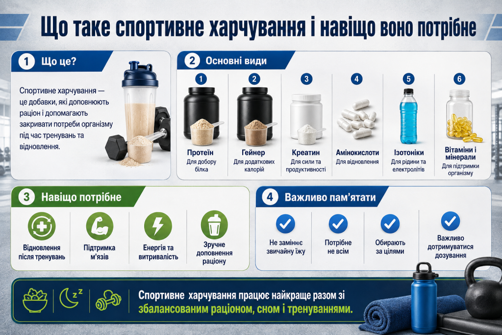 Інфографіка про спортивне харчування, протеїн, гейнер, креатин, амінокислоти, ізотоніки та вітаміни