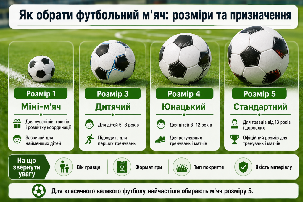 Інфографіка про розміри футбольних м’ячів 1, 3, 4 і 5 та їх вибір залежно від віку і призначення
