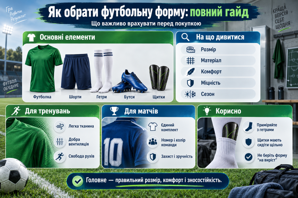 Інфографіка про вибір футбольної форми, футболки, шортів, гетр, бутсів і щитків за розміром, матеріалом, комфортом та сезоном.