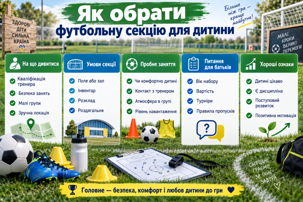 Інфографіка про вибір футбольної секції для дитини з урахуванням кваліфікації тренера, безпеки, умов занять, розкладу та пробного тренування.