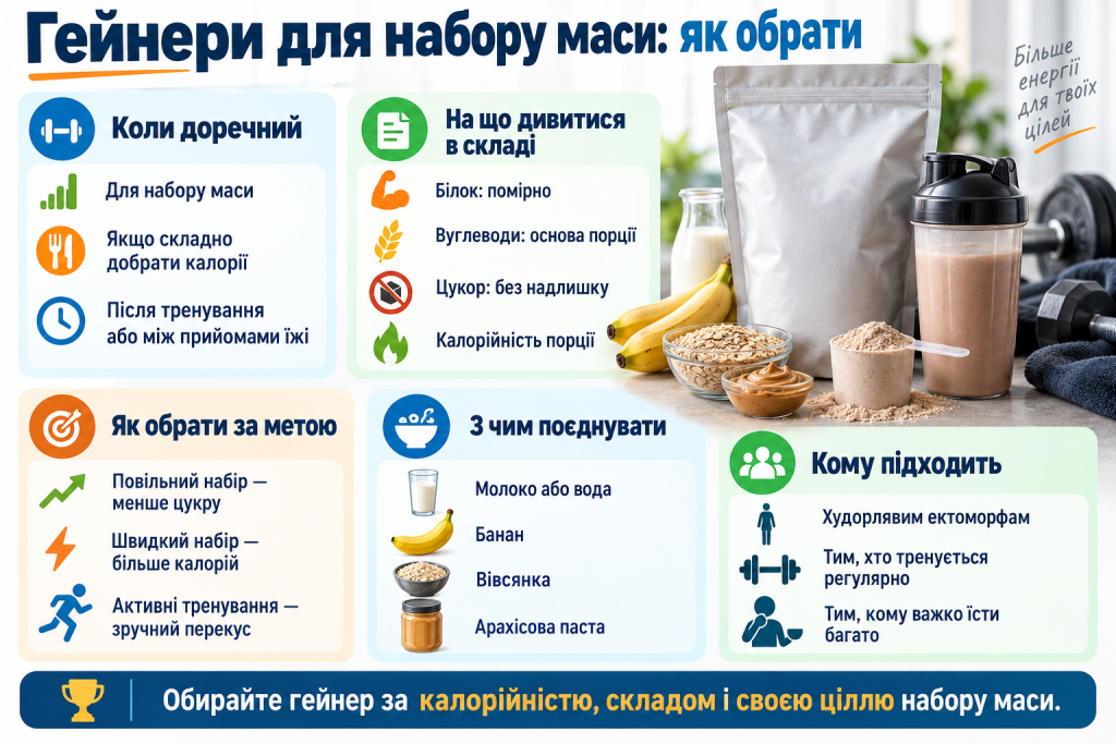 Інфографіка про вибір гейнера для набору маси за калорійністю, складом, вмістом білків і вуглеводів та метою тренувань