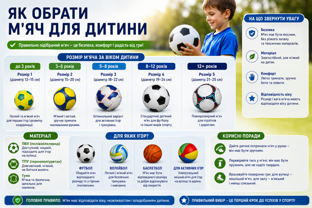Інфографіка з розмірами дитячих м’ячів за віком, матеріалами та рекомендаціями для футболу, волейболу й активних ігор